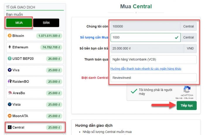 Điền thông tin để tạo đơn hàng mua Central trên Muabancoin.io